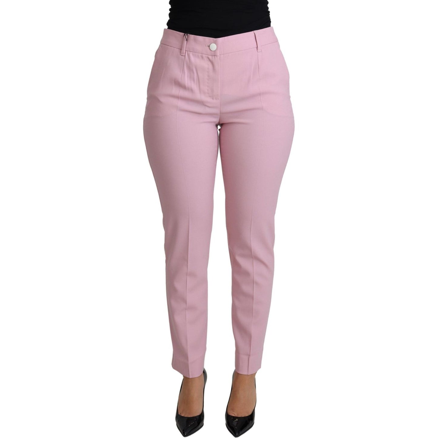 Elegant Pink High-Waisted Wool Trousers