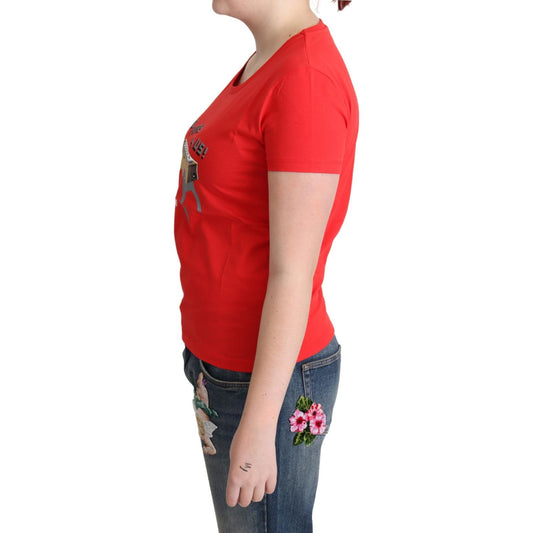 Chic Red Cotton Tee with Playful Print