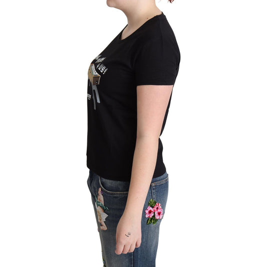 Chic Black Cotton Tee with Playful Print