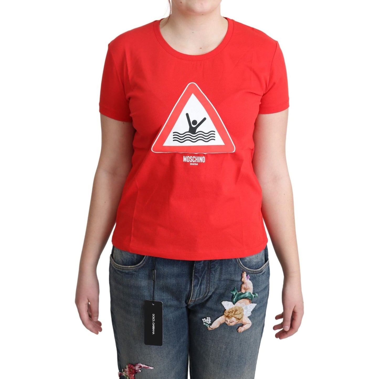 Moschino Red Cotton Swim Graphic Triangle Print T-shirt