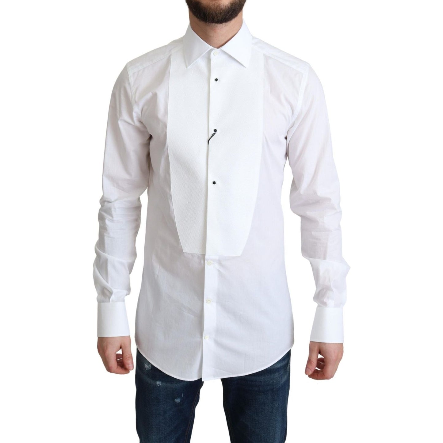 Elegant White Cotton Bib Dress Shirt