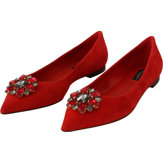 Crystal Embellished Red Suede Flats