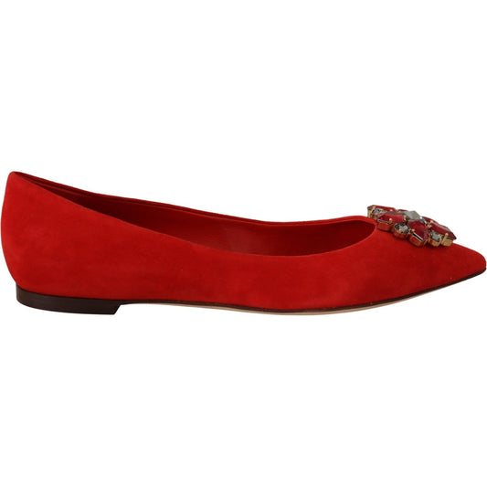 Crystal Embellished Red Suede Flats