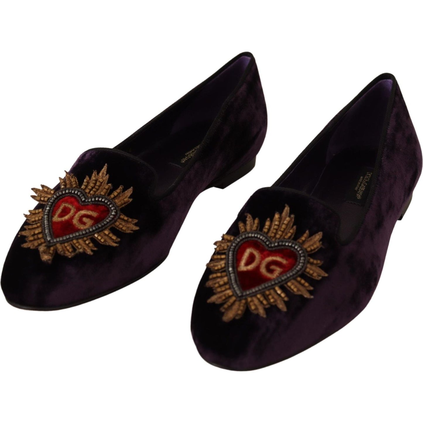 Dolce & Gabbana Purple Velvet DG Heart Loafers Flats Shoes