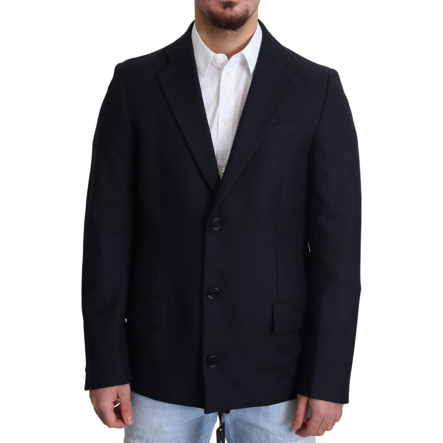 Elegant Dark Blue Virgin Wool Men's Coat