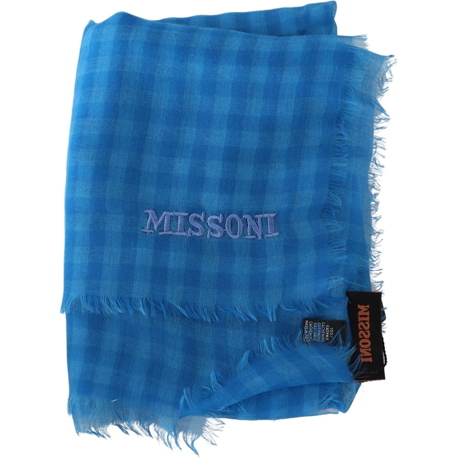 Missoni Blue Checkered Cashmere Unisex Wrap Fringes Scarf