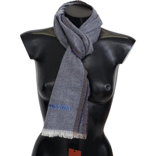 Elegant Gray Wool Scarf with Stripes and Fringes