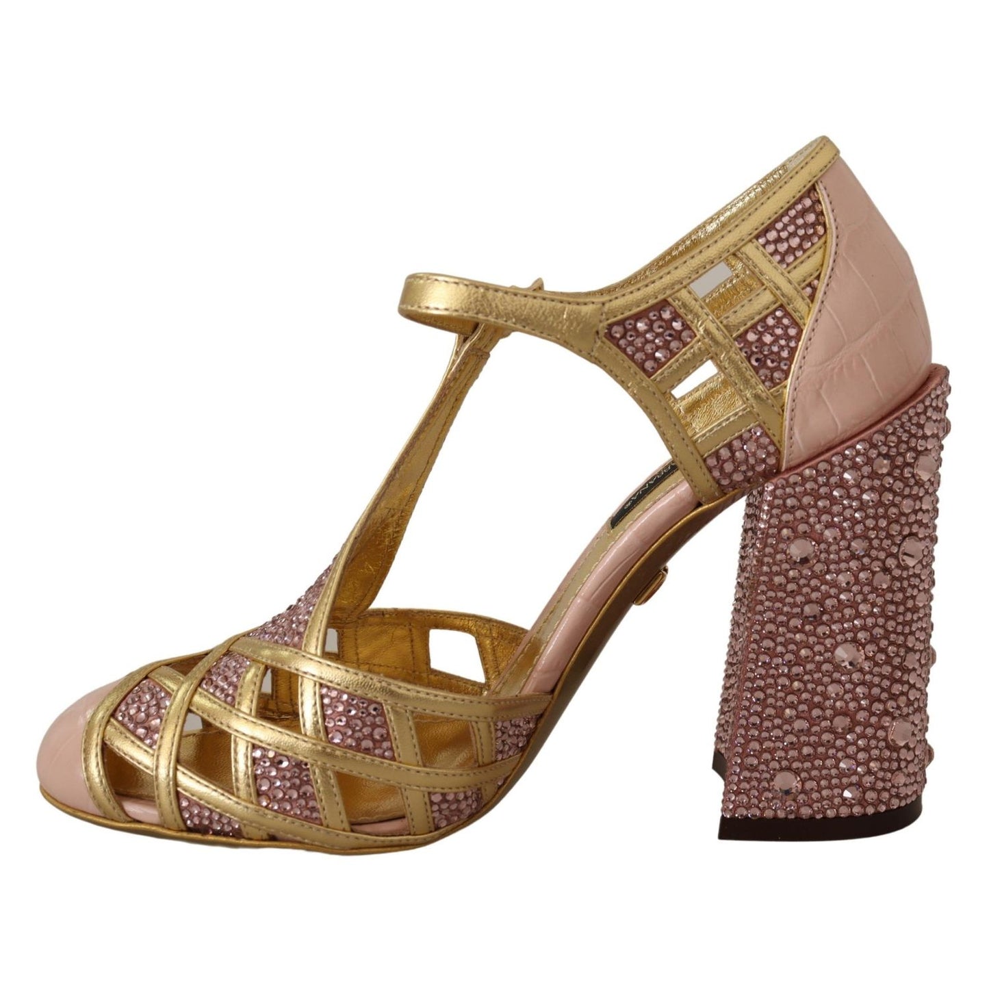 Dolce & Gabbana Pink Gold Leather Crystal Pumps T-strap Shoes