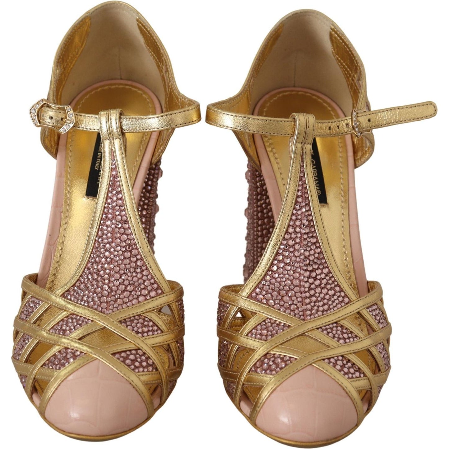 Silk-Infused Leather Crystal Pumps in Pink Gold