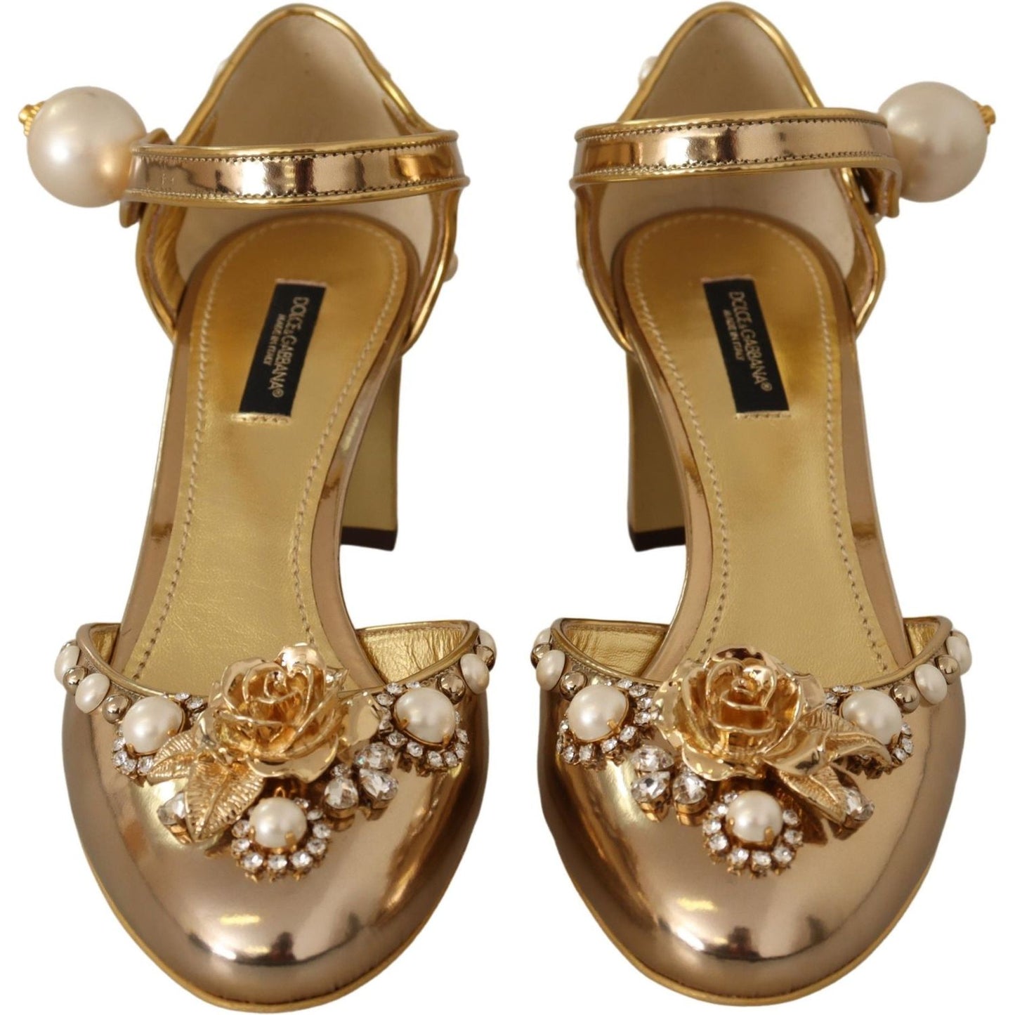 Elegant Gold Leather Block Heels with Crystals