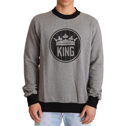 Elegant Gray Crown Motif Crewneck Sweater