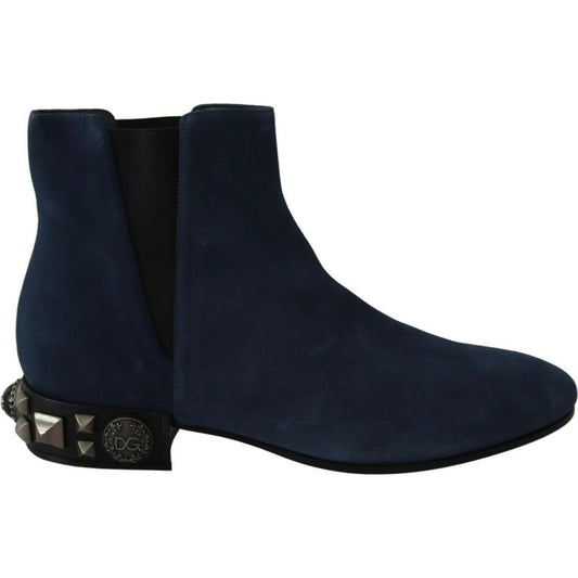 Chic Blue Suede Mid-Calf Boots with Stud Details