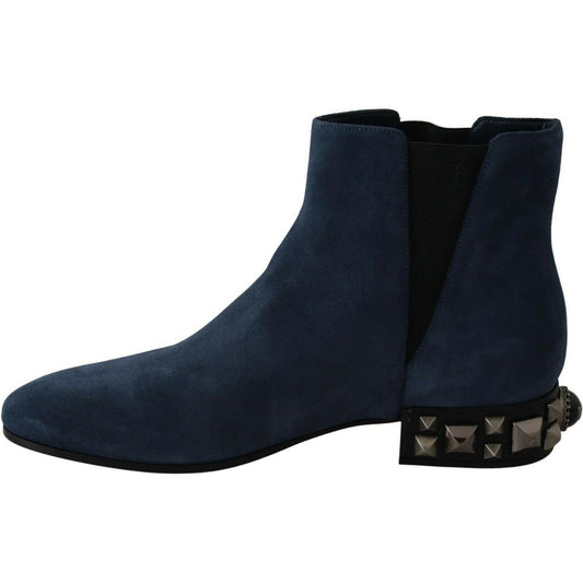 Chic Blue Suede Mid-Calf Boots with Stud Details