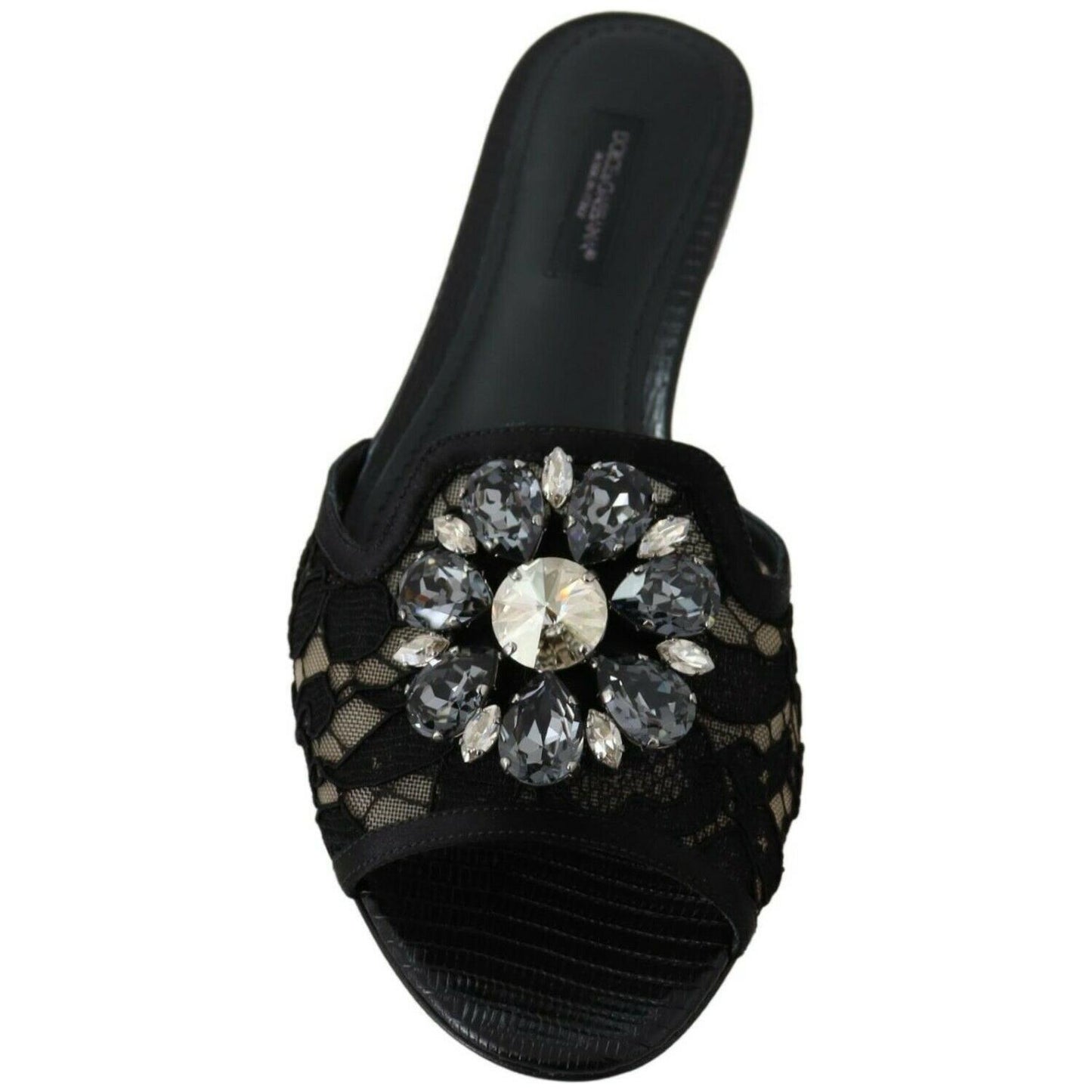 Elegant Black Lace Mules with Jewel Flower Detail