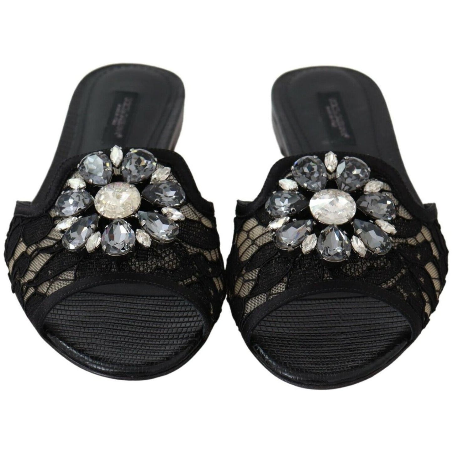 Elegant Black Lace Mules with Jewel Flower Detail