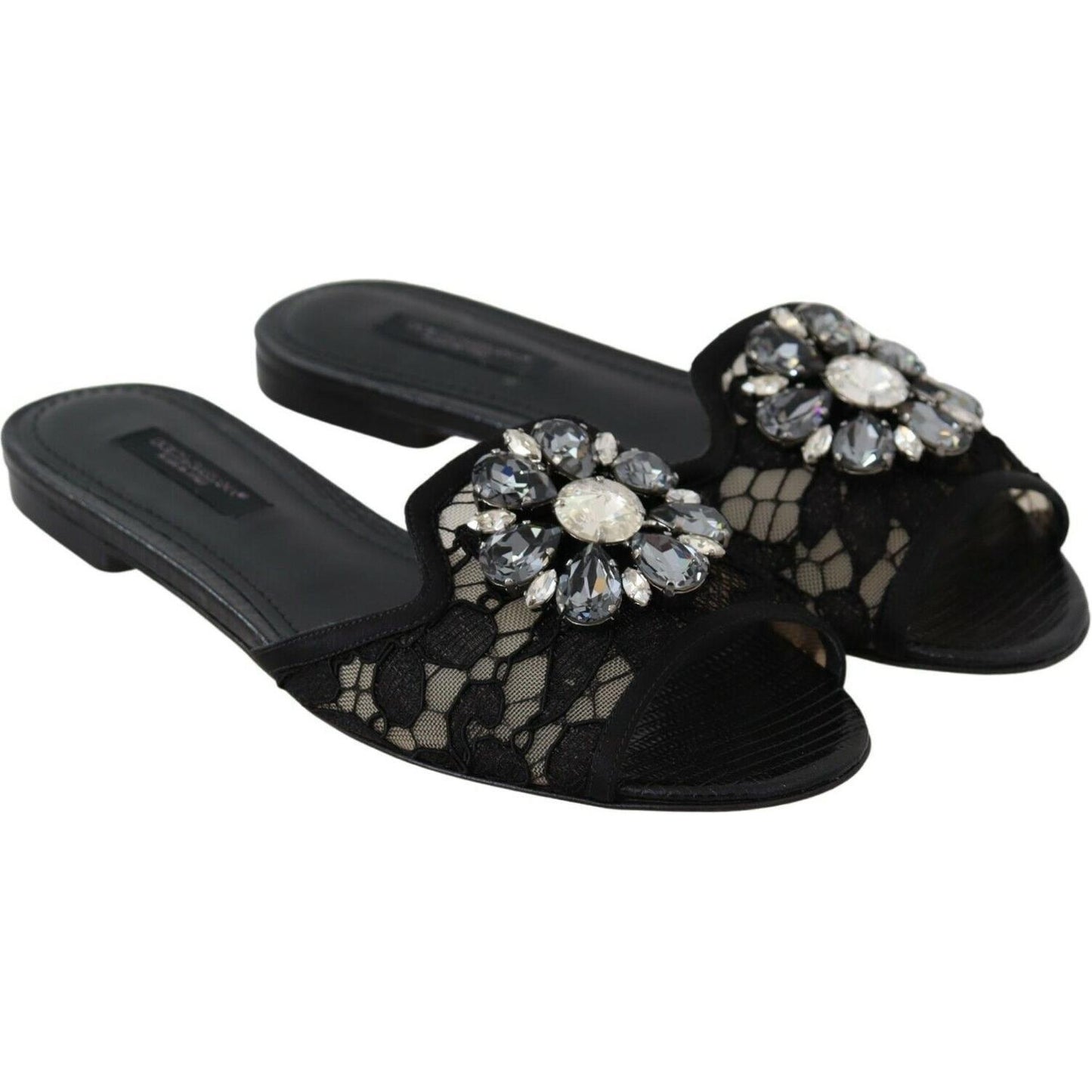 Elegant Black Lace Mules with Jewel Flower Detail