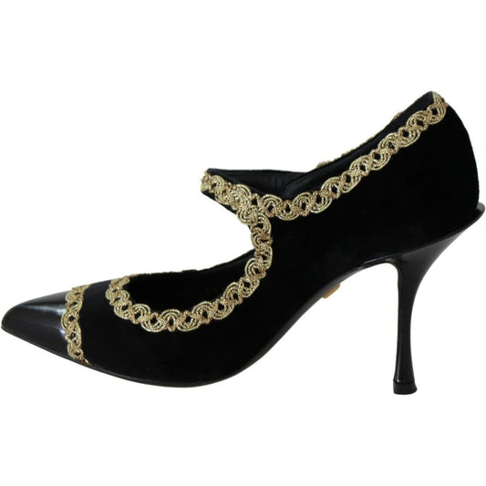 Elegant Gold-Embroidered Black Velvet Pumps