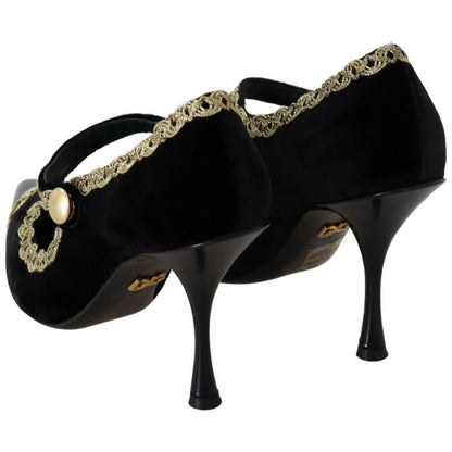 Dolce & Gabbana Black Embellished Velvet Mary Jane Pumps Shoes