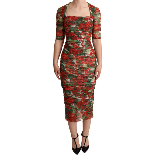 Elegant Red Floral Midi Sheath Dress