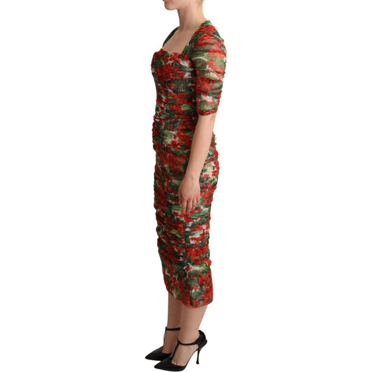 Elegant Red Floral Midi Sheath Dress