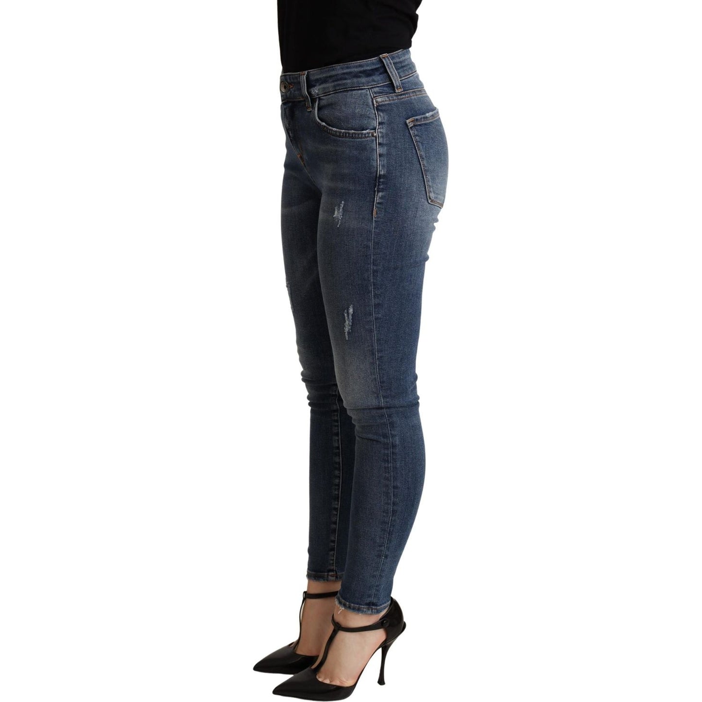 Elegant Mid Waist Skinny Blue Jeans