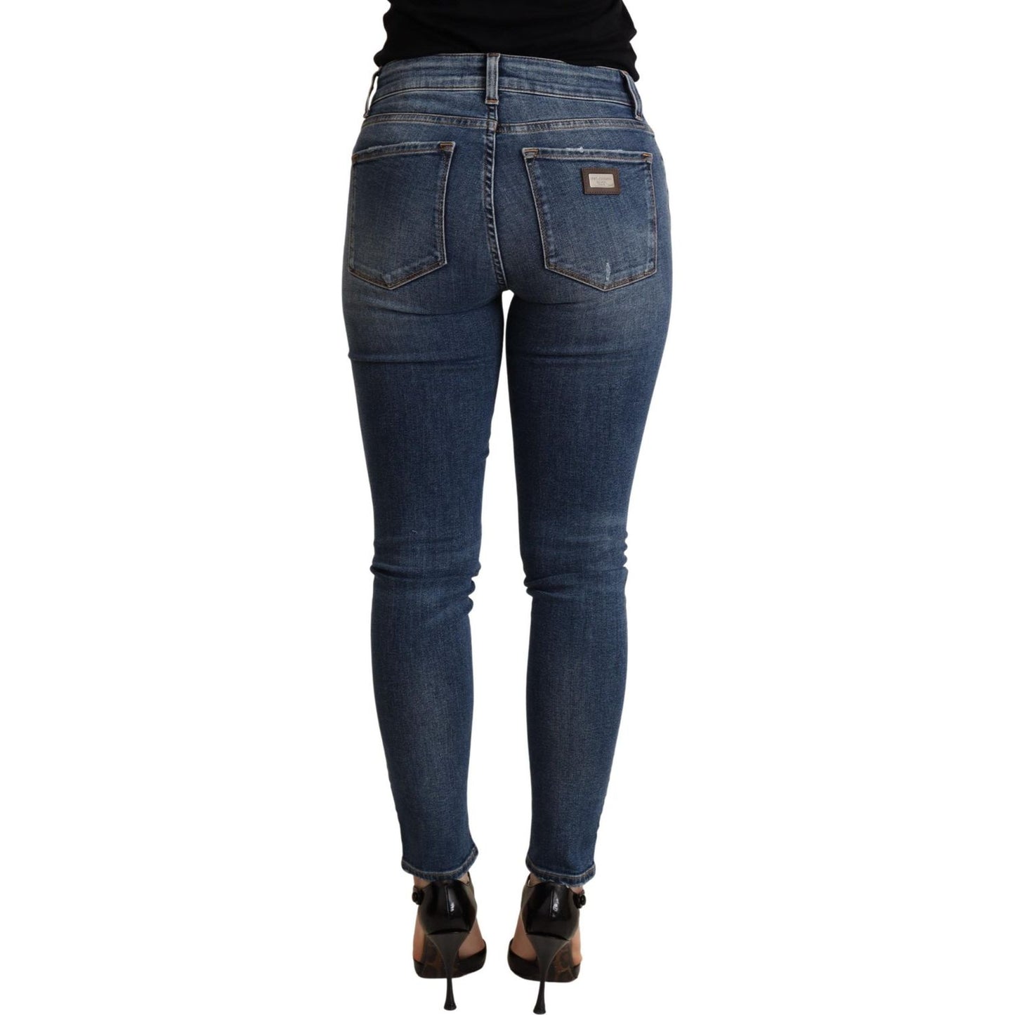 Elegant Mid Waist Skinny Blue Jeans