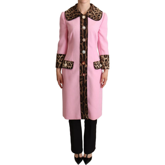 Chic Pink Leopard Trench with Crystal Buttons