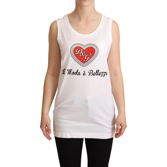 Crystal Embellished Heart White Sleeveless Tee Dolce & Gabbana