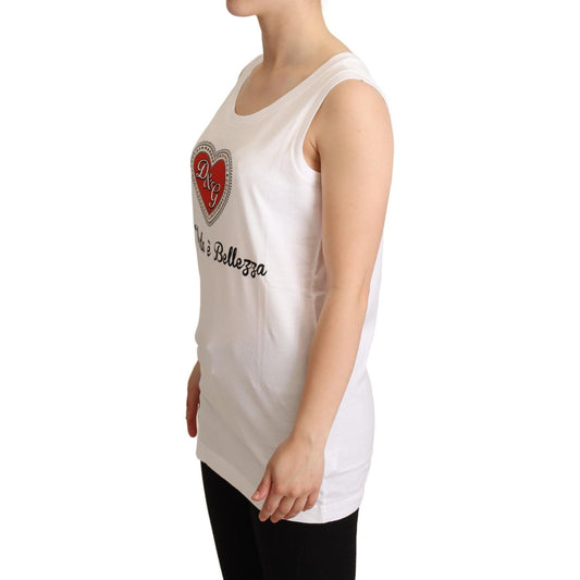 Crystal Embellished Heart White Sleeveless Tee Dolce & Gabbana