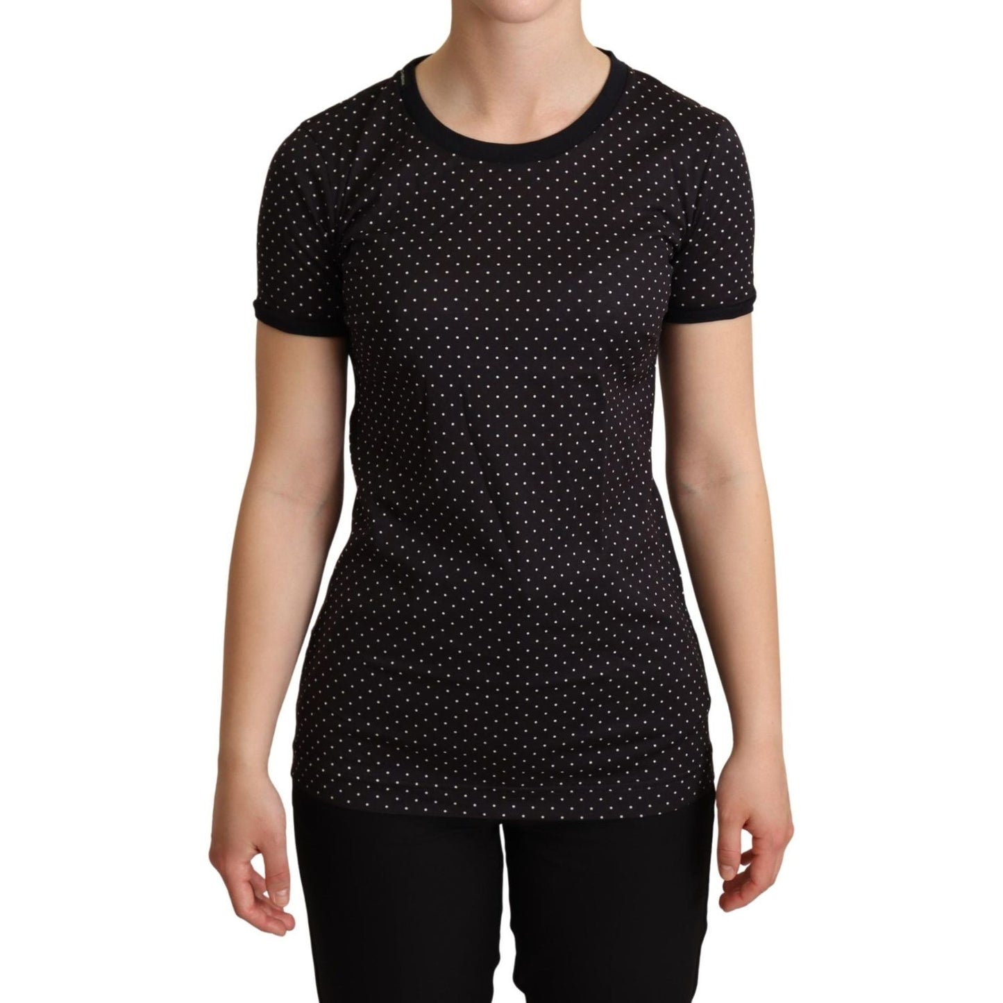 Polka Dotted Black Short Sleeve Crewneck Top