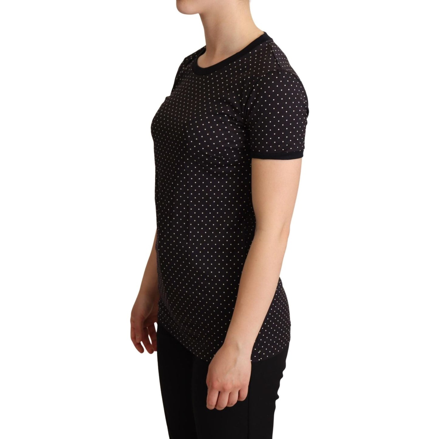 Polka Dotted Black Short Sleeve Crewneck Top