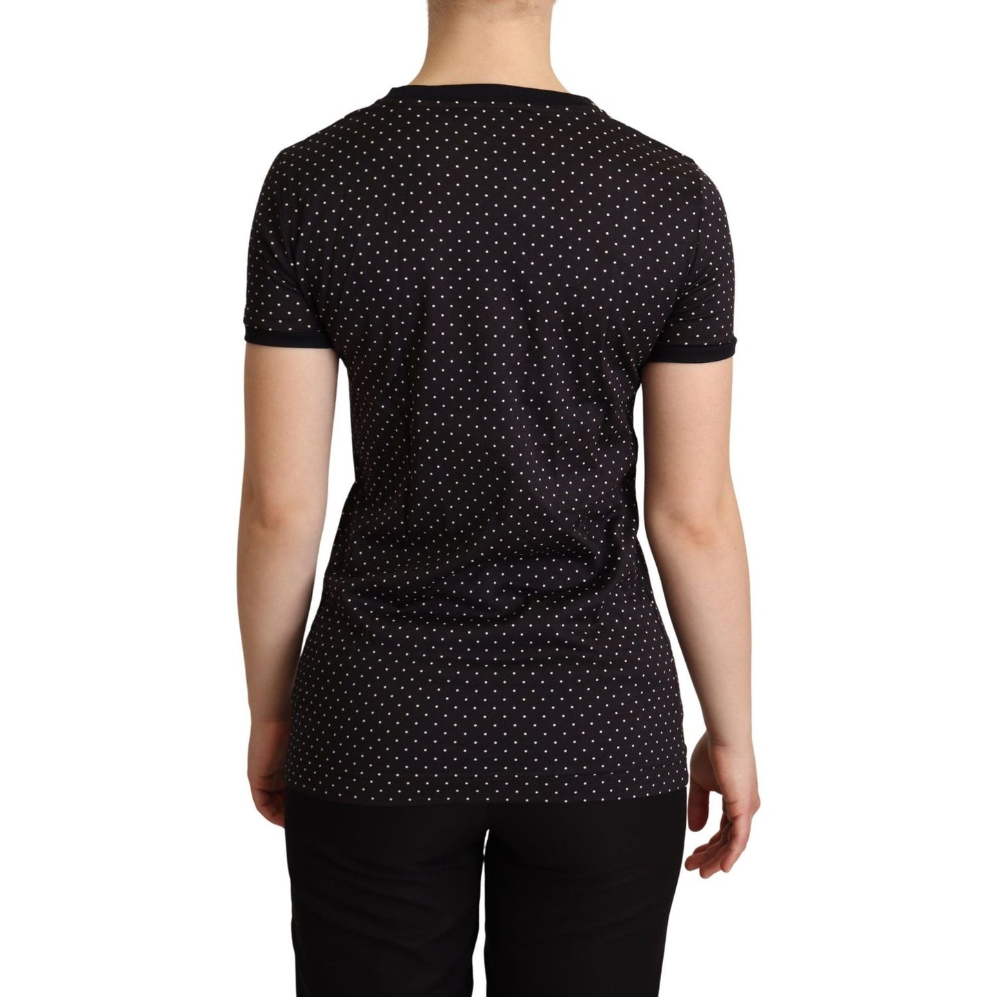 Polka Dotted Black Short Sleeve Crewneck Top