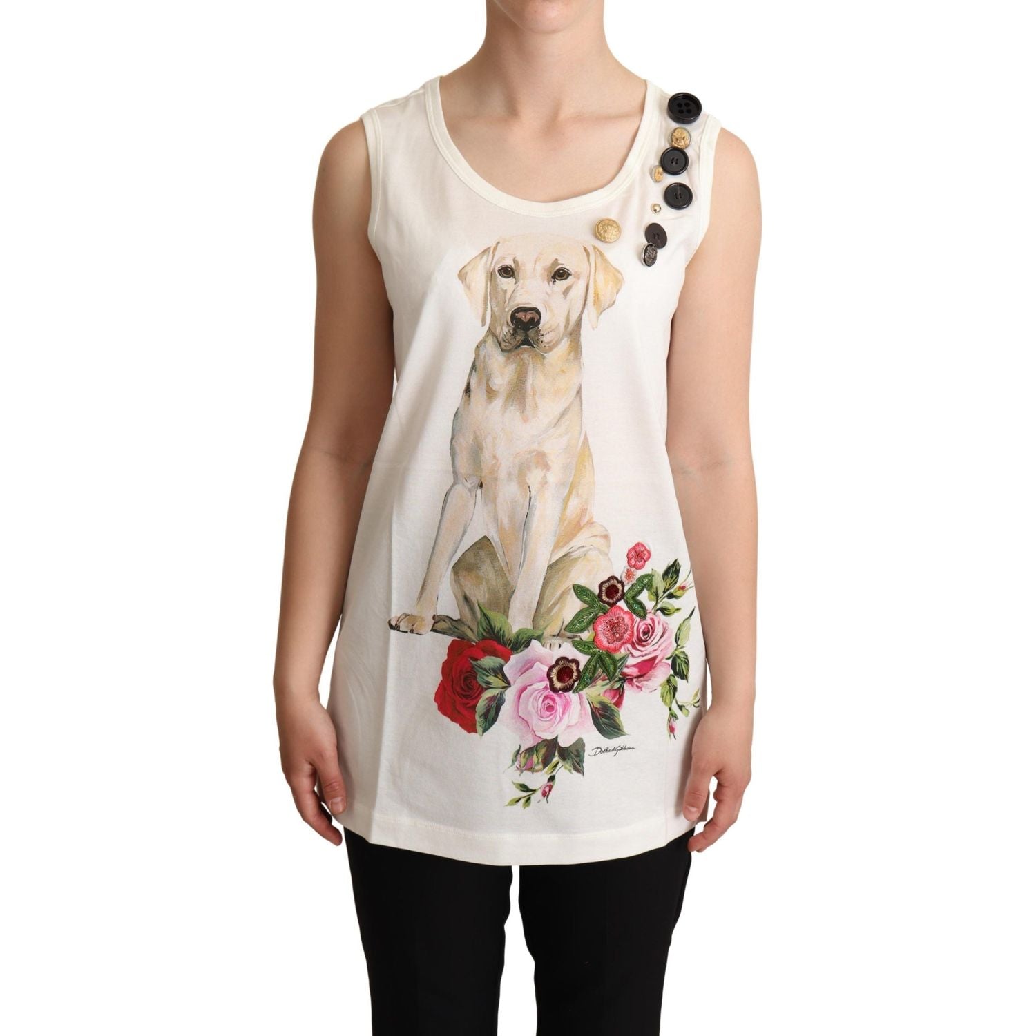 Dolce & Gabbana White Dog Floral Print Embellished  T-shirt