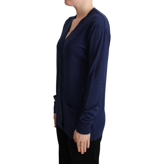 Elegant Virgin Wool Blue Cardigan