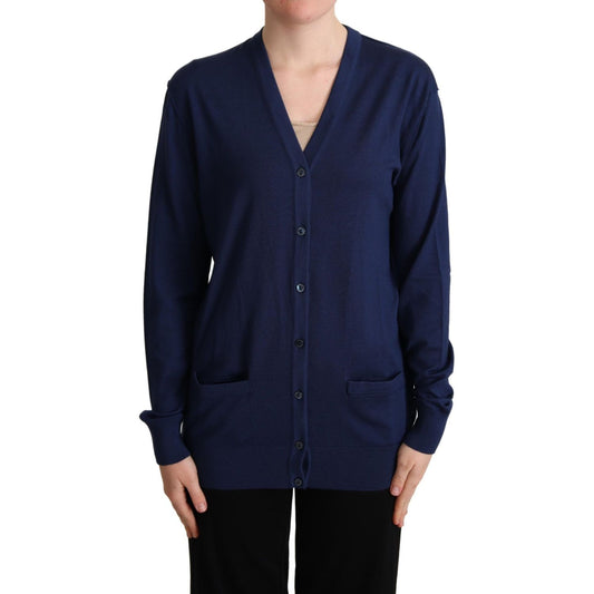 Elegant Virgin Wool Blue Cardigan