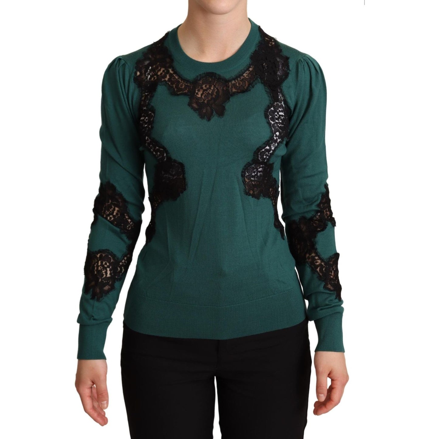 Elegant Green Pullover with Black Lace Detail