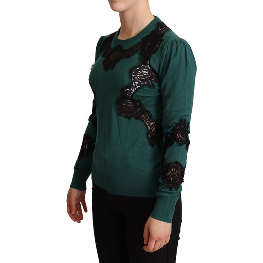 Elegant Green Pullover with Black Lace Detail