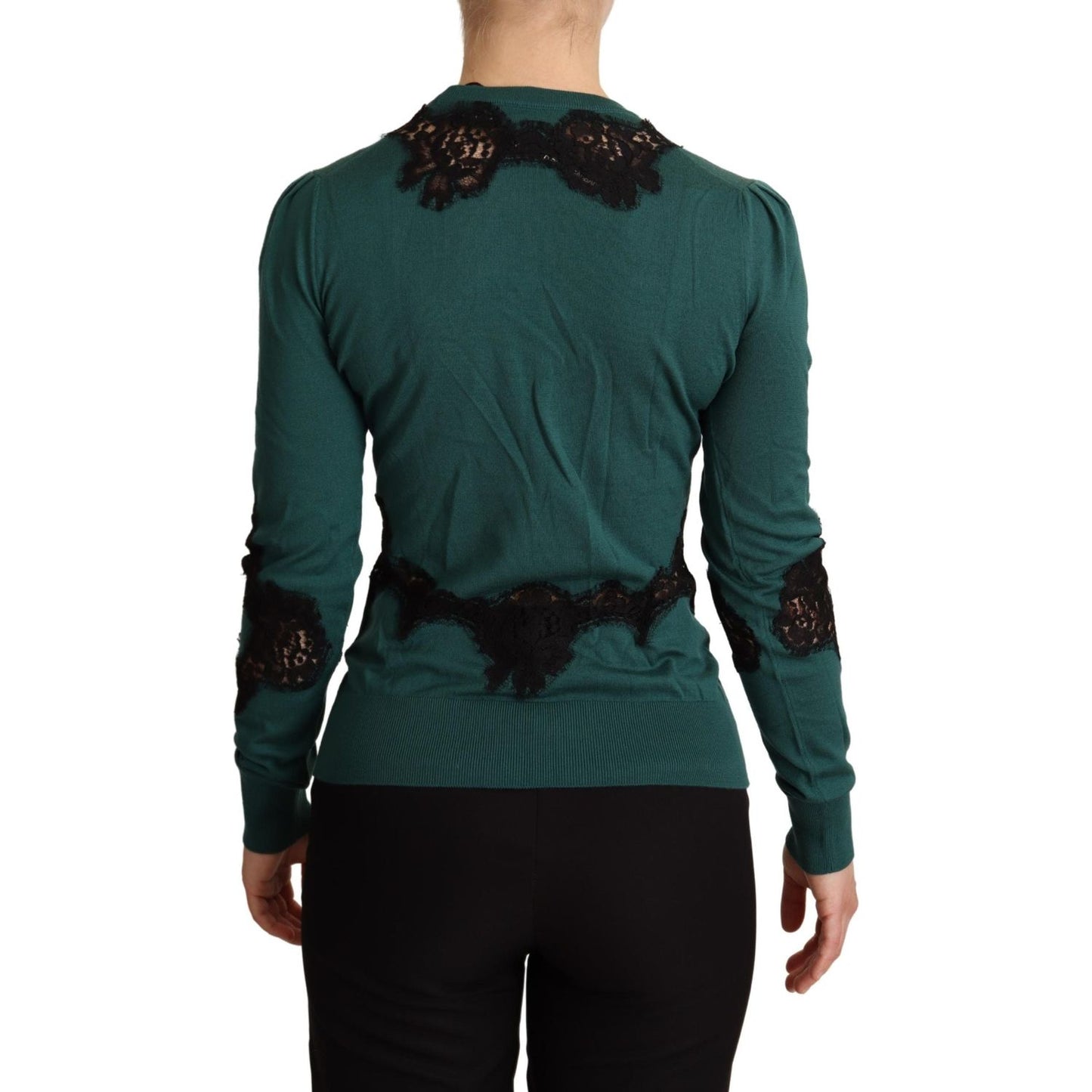 Elegant Green Pullover with Black Lace Detail