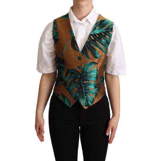 Elegant Green Leaf Print Waistcoat