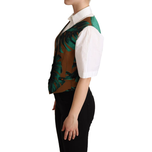 Elegant Green Leaf Print Waistcoat