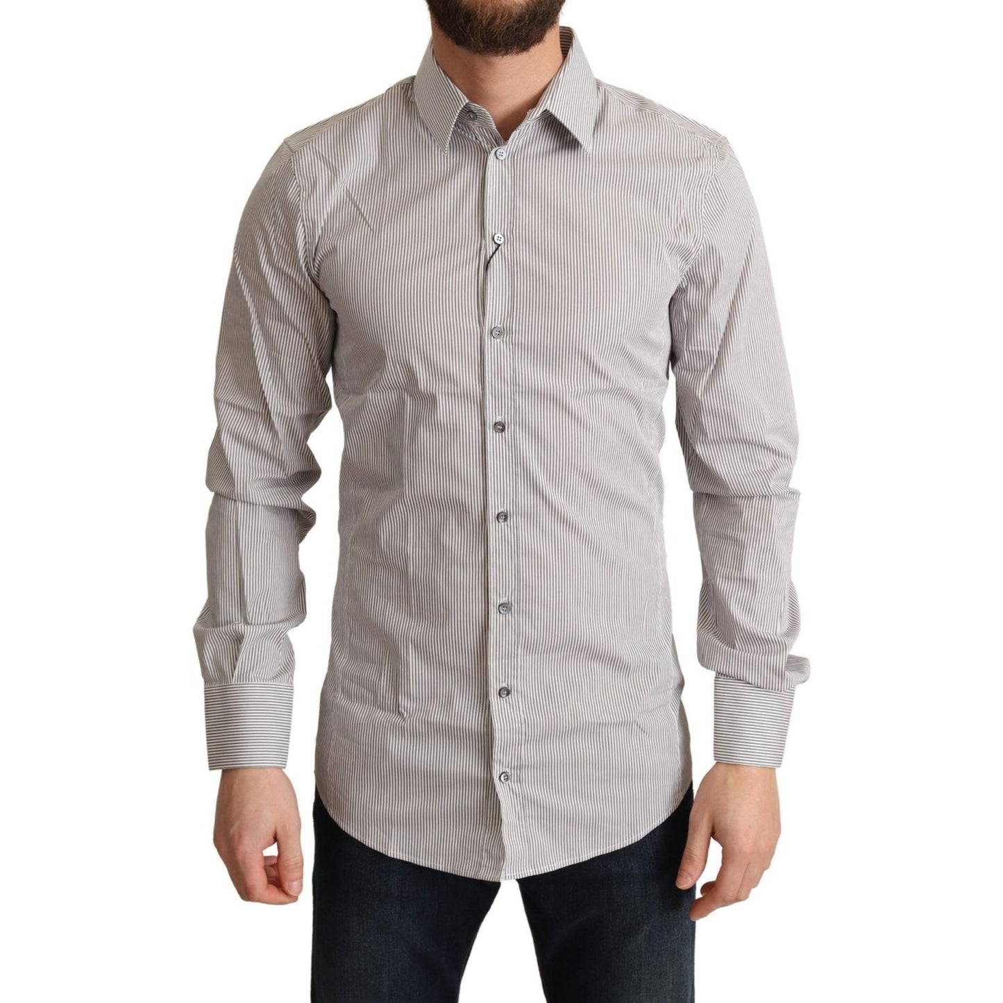 Elegant Gray Striped Slim Fit Dress Shirt