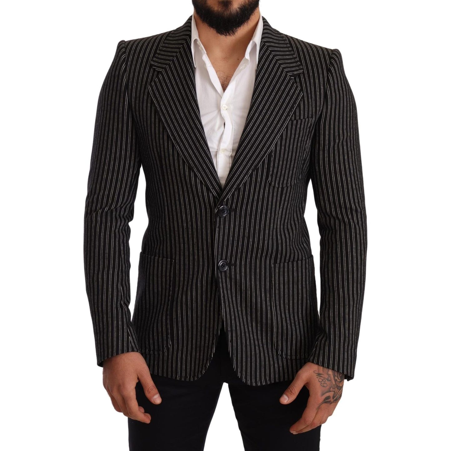 Elegant Black Striped Virgin Wool Blazer