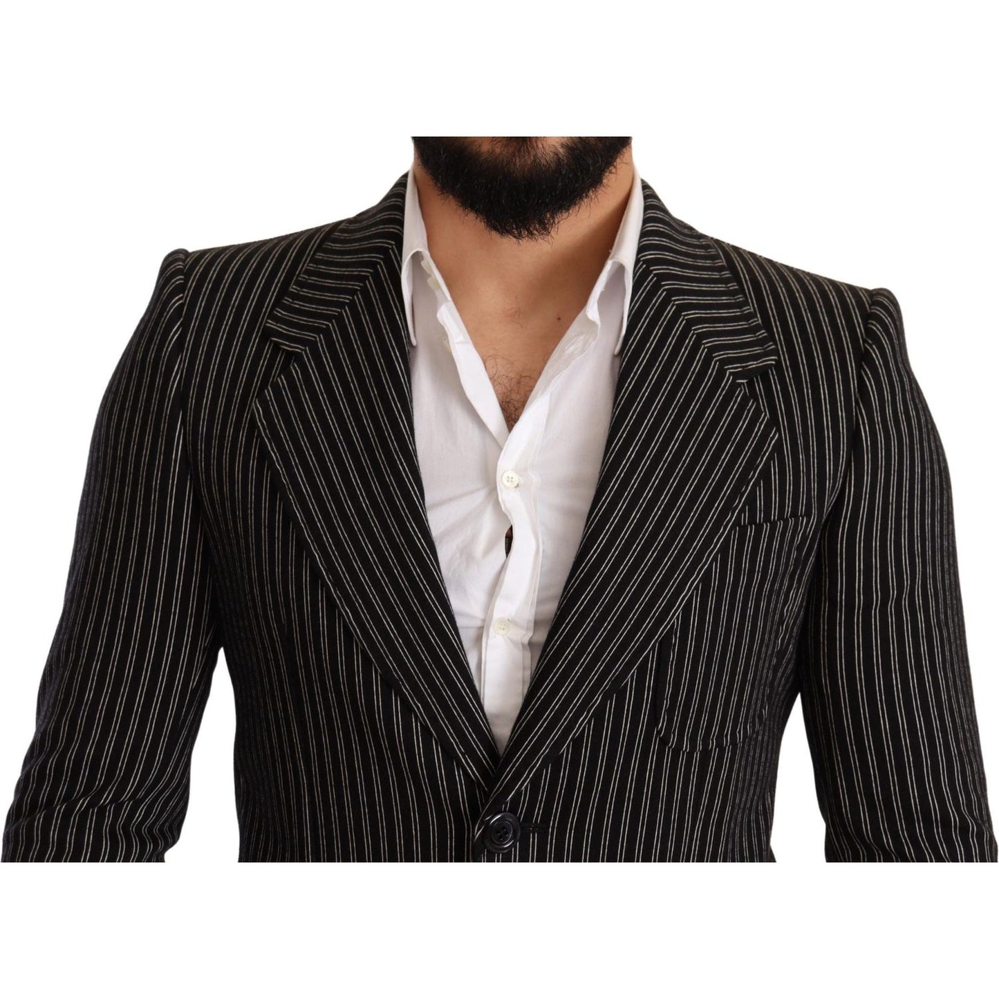 Elegant Black Striped Virgin Wool Blazer