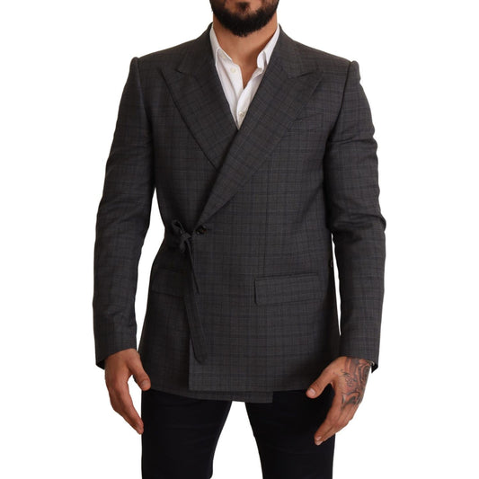 Chic Gray Check Martini Slim Fit Double-Breasted Blazer