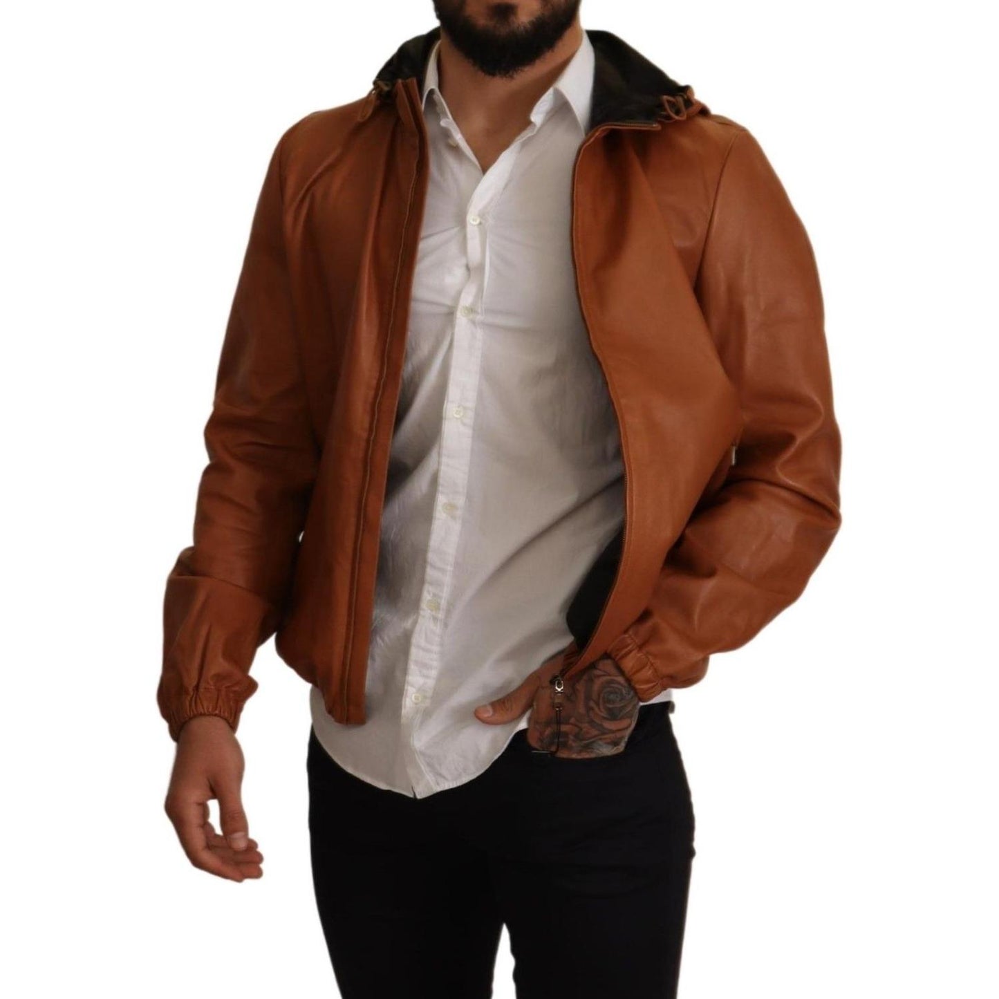 Elegant Brown Leather Bomber Jacket