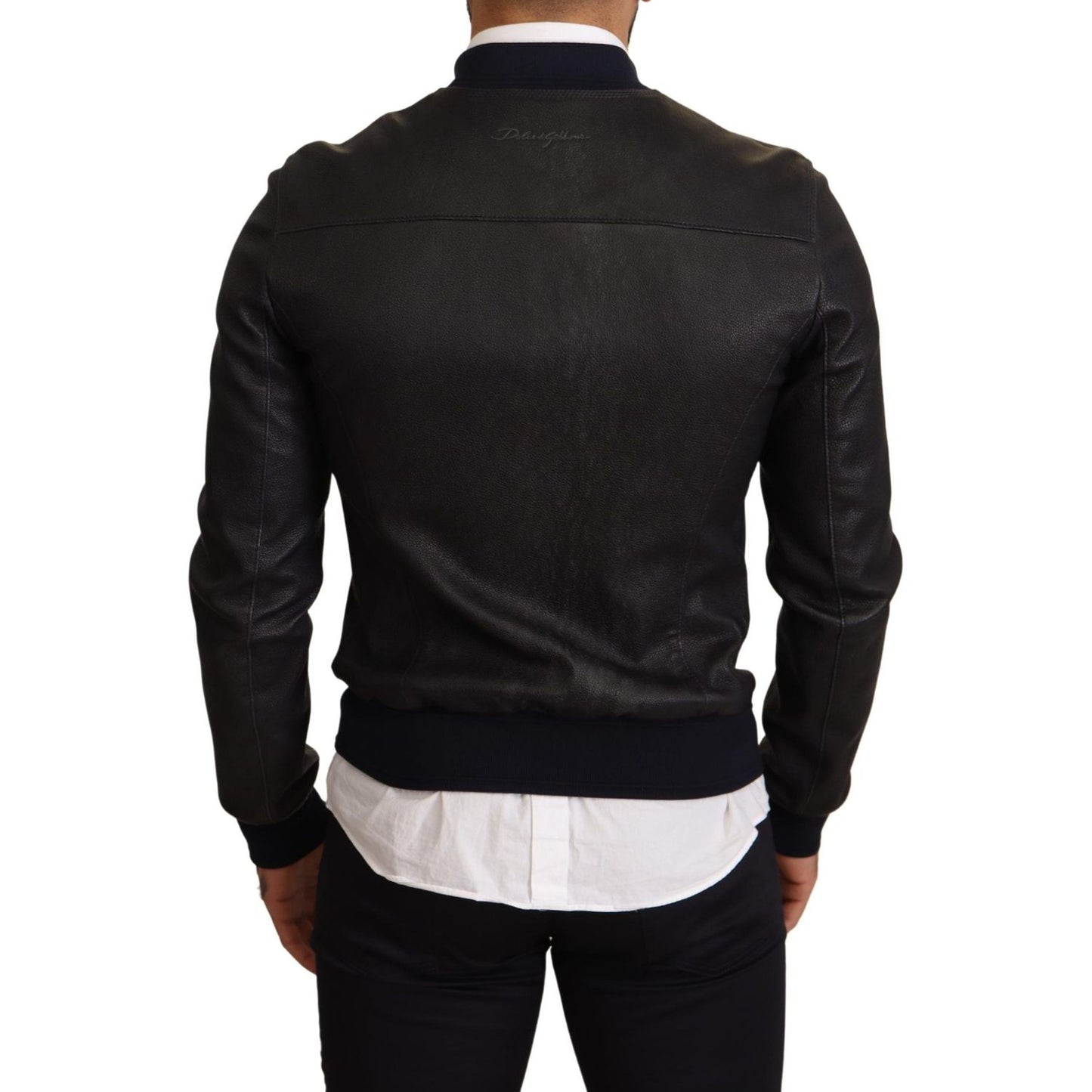 Elegant Leather Bomber Jacket in Dark Blue