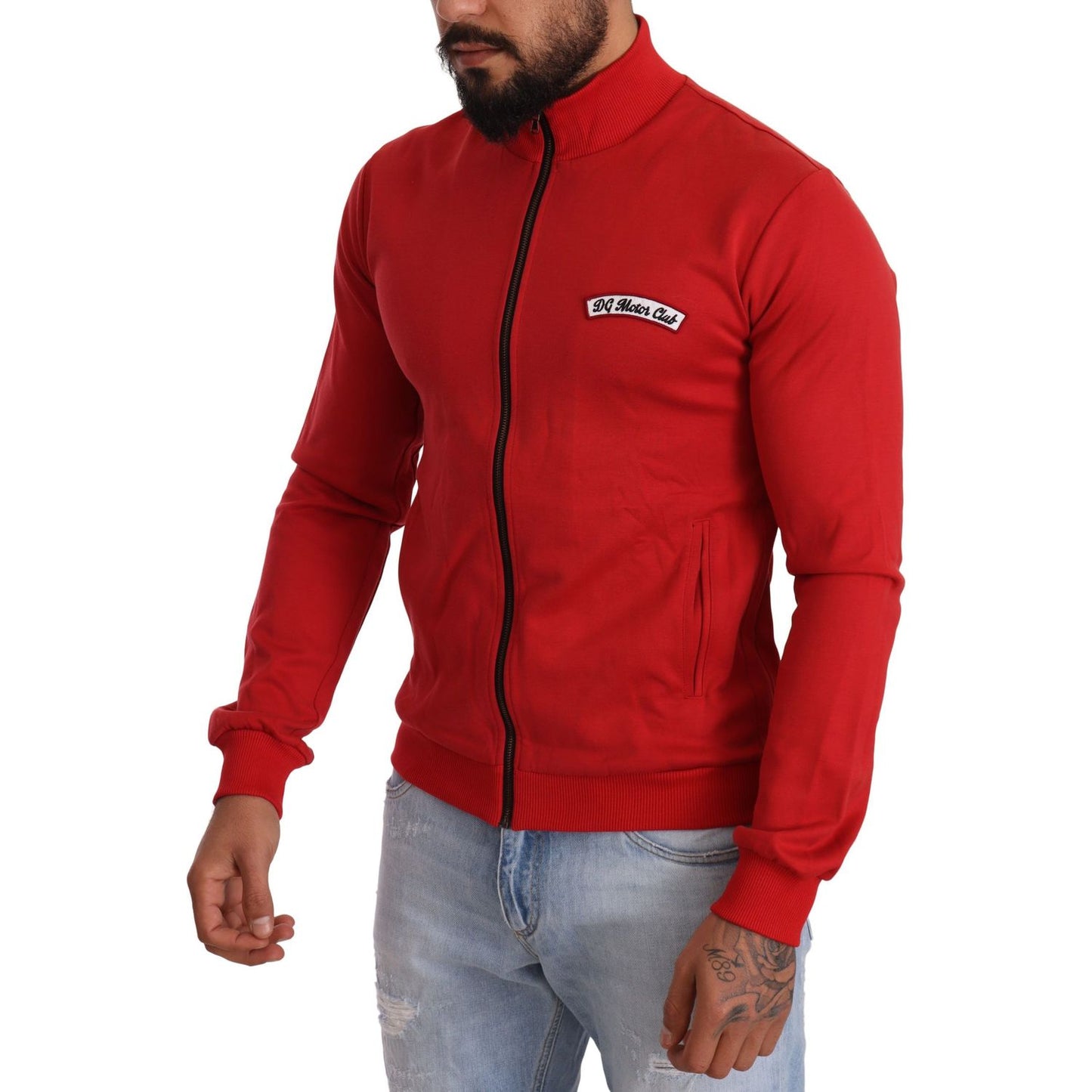 Elegant Red Full Zip Sweater with DG Motor Club Motif