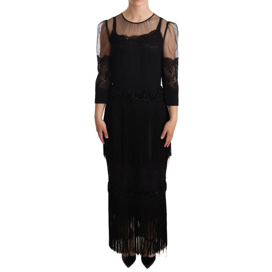 Dolce & Gabbana Black Sheer Floral Lace Crystal Maxi Dress Dolce & Gabbana