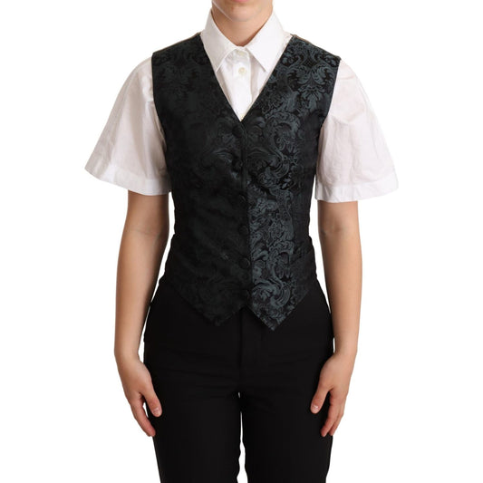 Dolce & Gabbana Black Jacquard Floral Waistcoat Vest Green Vest Jacket