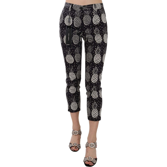 Chic Black Pineapple Print Skinny Capri Pants